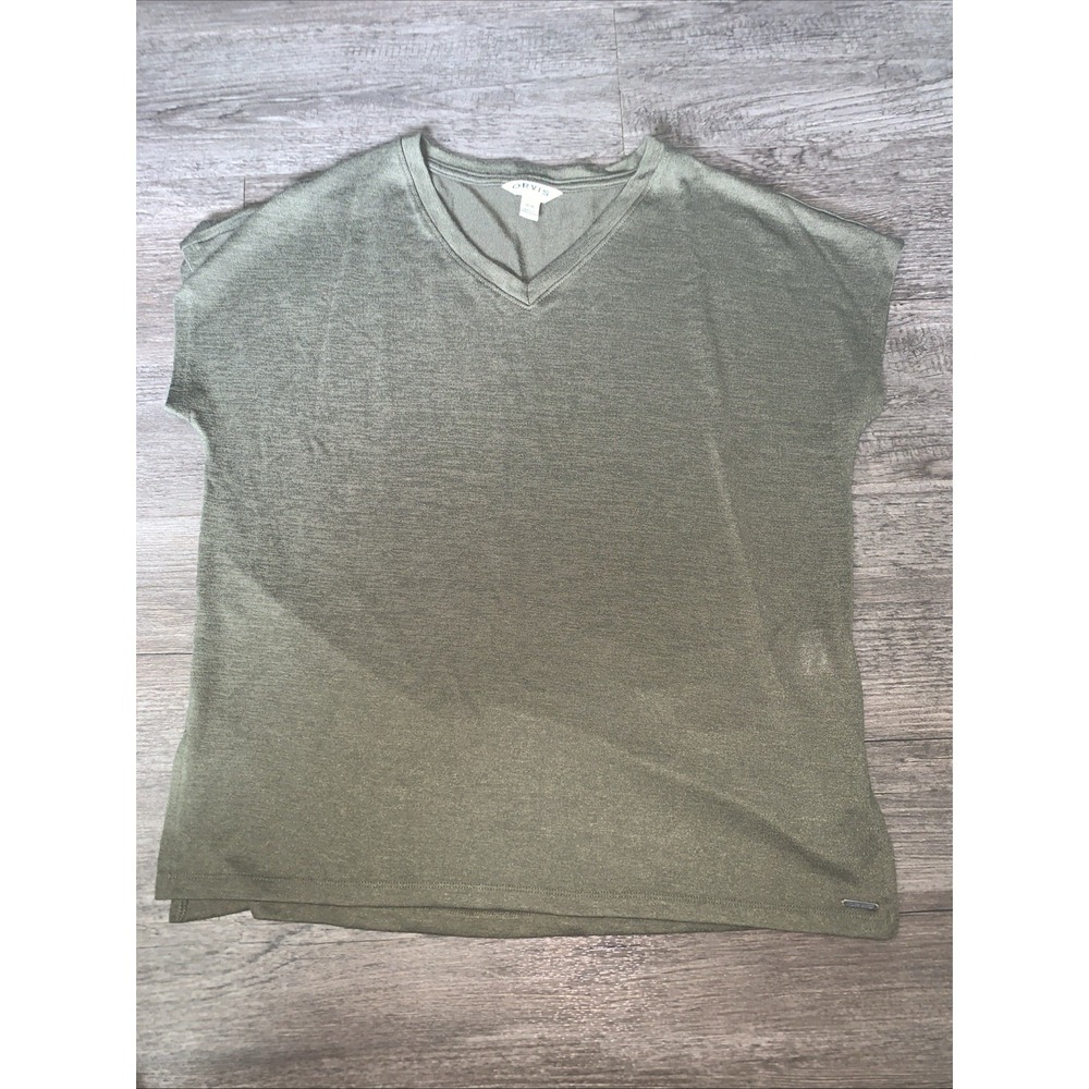 Orvis Classic Collection Women M Olive Green V Neck Short Sleeve Top Knit Casual